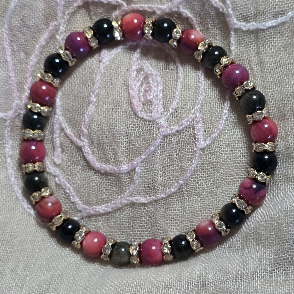 Pink and Black Beaded Stretch Bracelet with Gold Rhinestone Spacers